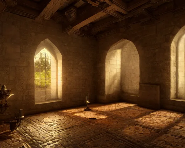 Prompt: the interior of a castle, rendered with ray tracing, volumetric lighting, smooth lighting, high detail shadows, moody lighting, candle lighting, high definition, large resolution