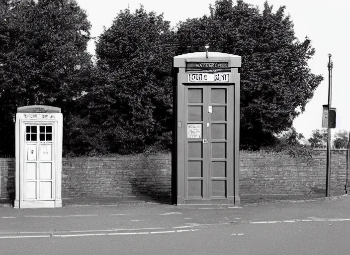 Prompt: photo of a metropolitan police box on a street in suburban london, police box, 1936, sepia