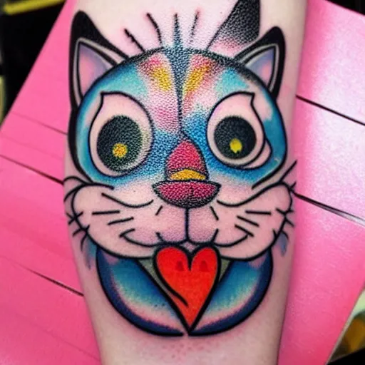 Prompt: kawaii clown cat tattoo design