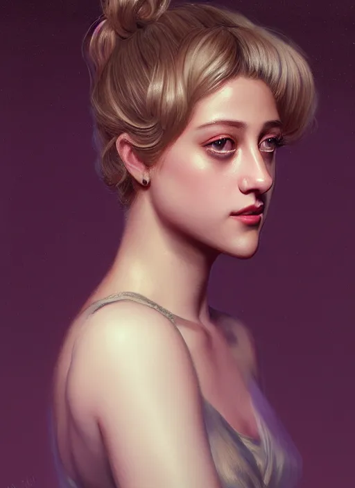 Image similar to portrait of lili reinhart with fluffy bangs, bangs, 1 9 6 0 s, ponytail, curly bangs and ponytail, rounder face, intricate, elegant, glowing lights, highly detailed, digital painting, artstation, concept art, smooth, sharp focus, illustration, art by wlop, mars ravelo and greg rutkowski