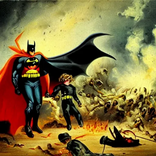 Image similar to 1800s oil painting of Spawn fighting Batman in the pits of hell