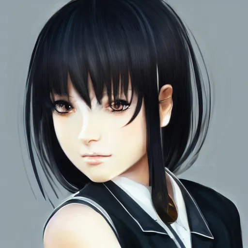 Image similar to luxury advertisement, astonishing portrait of a very beautiful anime schoolgirl with black bob hair, full perfect face, she is dancing. Realistic, highly detailed background, artstation, 120 degree view, drawn by Sasoura, Satchely and Akihiko Yoshida, no distortion