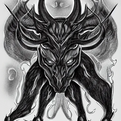 Image similar to turned three quarter view, full body shot of hoofed demon with horns in asymmetric pose, engulfed in flames, detailed greyscale drawing by Dominik Mayer