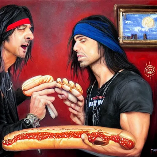 Prompt: portrait of brett michaels and criss angel sharing hotdogs, an oil painting by ross tran and thomas kincade