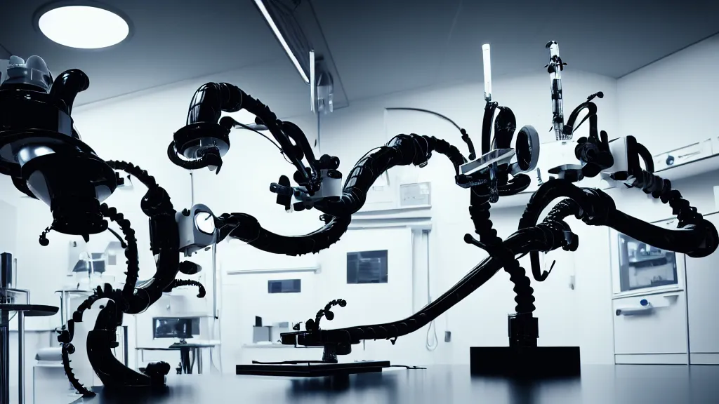 Image similar to a complex bifurcated robotic cnc surgical arm hybrid mri 3 d printer machine making swirling black and white ceramic mandlebulb mutant forms in the laboratory inspection room, film still from the movie directed by denis villeneuve with art direction by salvador dali, wide lens, f 3 2, cinematic lighting, studio quality, smooth render, unreal engine 5 rendered, octane rendered