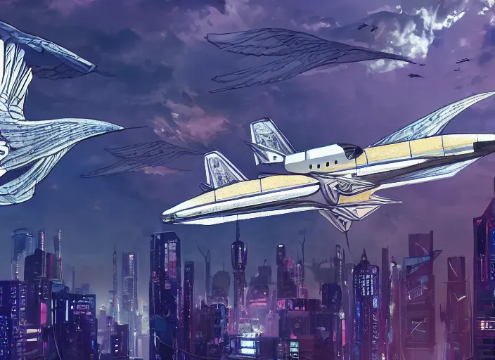 Image similar to concept art of a modern jugendstil space shuttle with ornate birdlike wings with art deco patterns flying over a magic city, cyberpunk, high fantasy