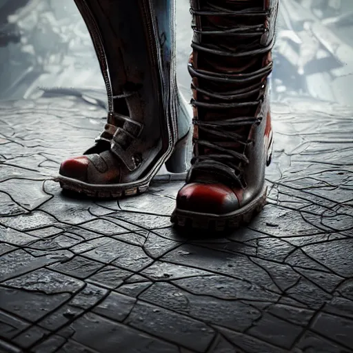 Image similar to a studio shot of mechanic boots made in heaven in the borderlands 3 style, close - up, cinematic shot, intricate, ornate, photorealistic, ultra detailed, realistic, 1 0 0 mm, photography, octane, high definition, depth of field, bokeh, 8 k, behance, artstation