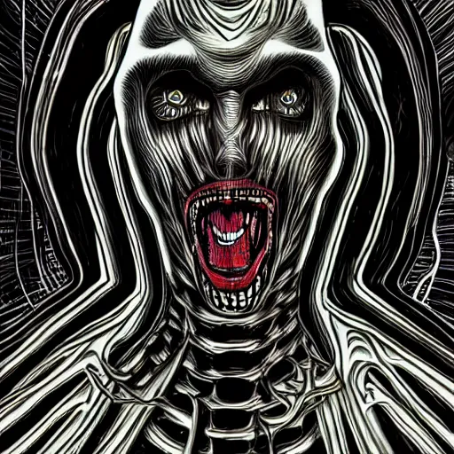 Image similar to a dark humanoid, hyper detailed, in the style of h. r. giger and junji ito and h. r. giger and junji ito, selfie