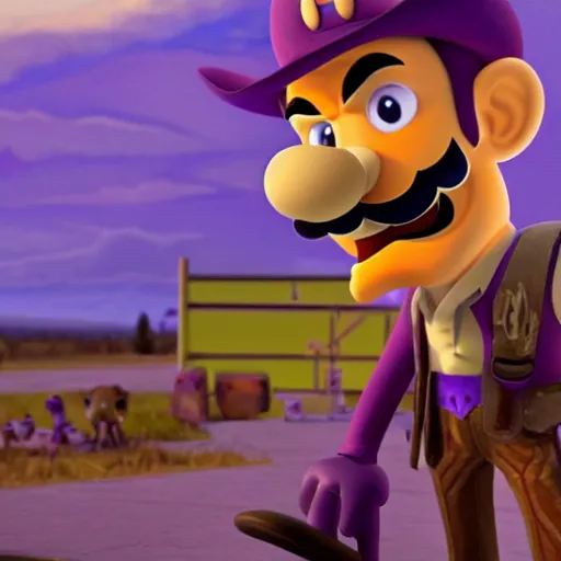Prompt: waluigi from the mario series dressed as a cowboy fighting outlaws in a town, cinematic still frame oil painting, high detailed painting, greatly illustrated )