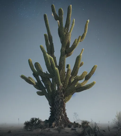 Image similar to surreal theory of tree of snakes, futuristic ancient tree in the desert, foggy sky, dark night, a little bit of patchy cactus, octane render, unreal engine, pale colors, high detail, 8 k, wide angle, trending on artstation, behance