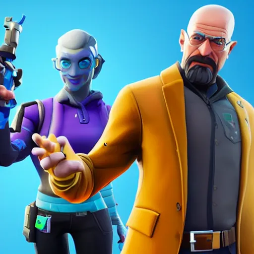 Image similar to playing fortnite using the newest walter white skin, 3 d avatar, third person view, fortnite