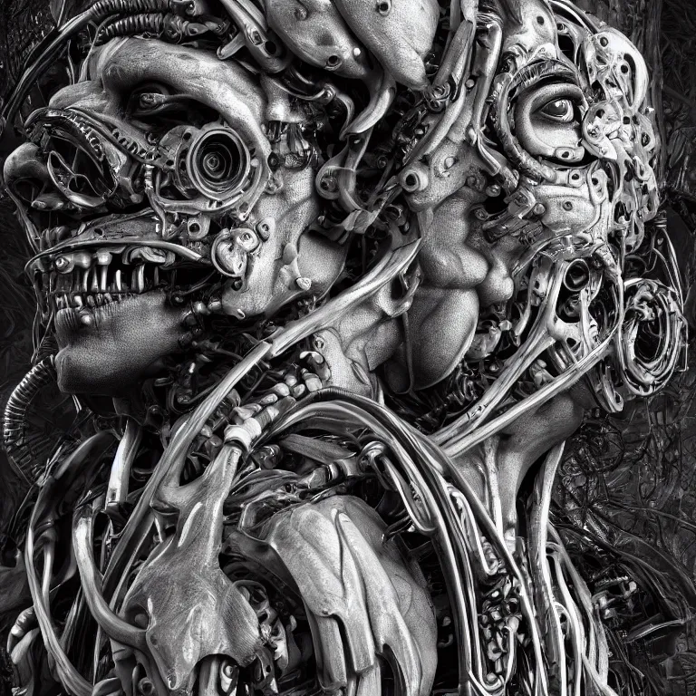 Prompt: surreal biomechanical spinal ribbed tribal exotic organic man face portrait of mechanical cyborg, beautiful detailed intricate insanely detailed BW 3D render digital art, octane render, 8K artistic photography, photorealistic
