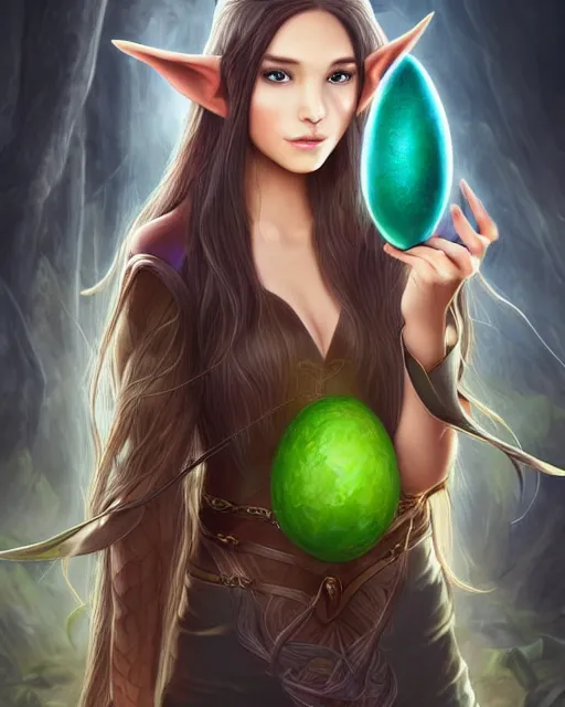 Prompt: portrait of elven teenage mage with long black hair holding dragon egg by artgerm modern fantasy 4 k ultra high resolution