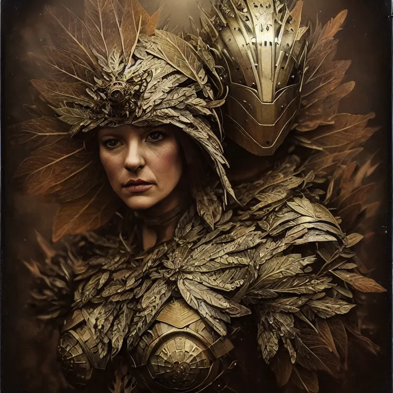 Image similar to old tintype portrait of a realistic complete armour made of leaves, dramatic light, dystopian environment, intricate, elegant, highly detailed, centered headdress, artstation, sharp focus, artgerm, tomasz alen kopera, peter mohrbacher, donato giancola, joseph christian leyendecker, wlop, boris vallejo, frank frazetta