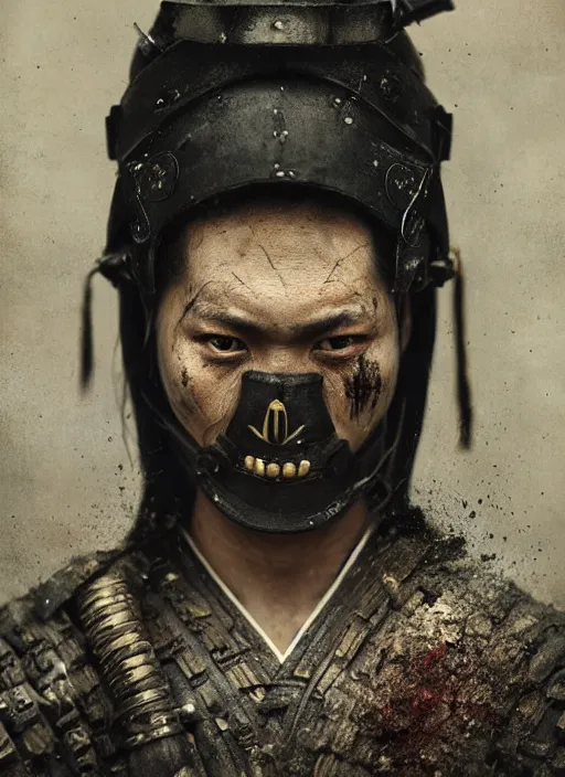 Prompt: samurai portrait photo, wearing all black mempo mask, after a battle, war scene, dirt and unclean, extreme detail, cinematic, dramatic lighting render, extreme photorealism photo by national geographic, tom bagshaw, masterpiece