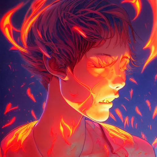 Prompt: prompt : flames and lightnings portrait soft light painted by james jean and katsuhiro otomo and erik jones, inspired by evangeleon anime, smooth face feature, intricate oil painting, high detail illustration, sharp high detail, manga and anime 1 9 9 9