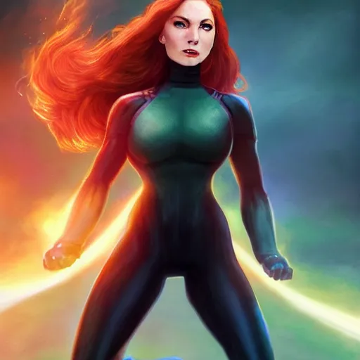 Image similar to jean grey, a full body portrait of jean grey, green eyes, red hair, phoenix rising, flames, comic, x - men, highly detailed, artstation, deviantart, symetry, digital painting, vivid colors, realistic shaded perfect face, volumetric lighting, atmospheric, sharp focus, moody, art by artgerm and greg rutkowski, 8 k