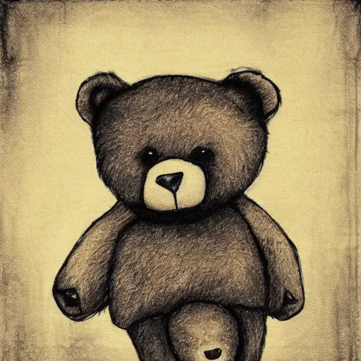 Image similar to grunge drawing of a teddy bear in the style of the grudge