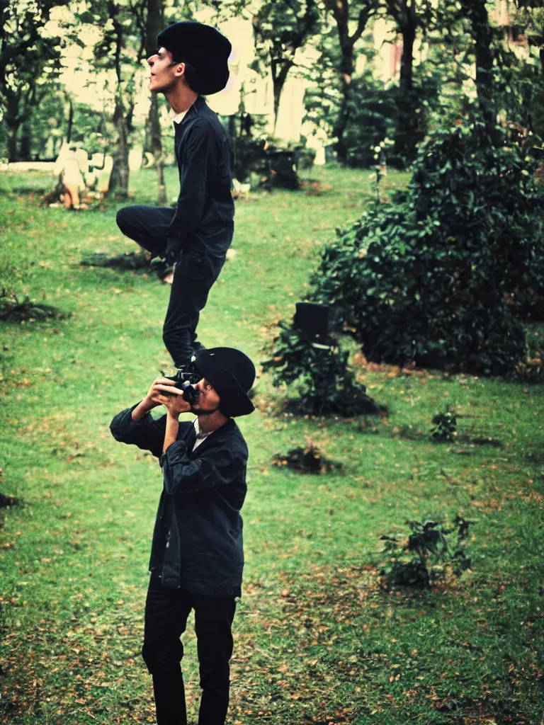 Image similar to slim young man with dark curly hair wearing a black artists beret, a green shirt, black trousers, taking a photo with his 35mm camera in a park highly lomo bright colours vintage