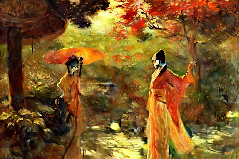 Image similar to wuxia, autumn, garden, neon light, painting by gaston bussiere, craig mullins, j. c. leyendecker