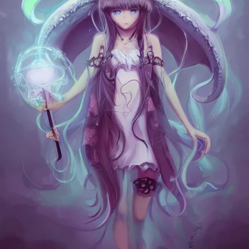 Image similar to portrait of the cthulhu with wings and tentacles but as a cute anime girl, by rossdraws, wlop