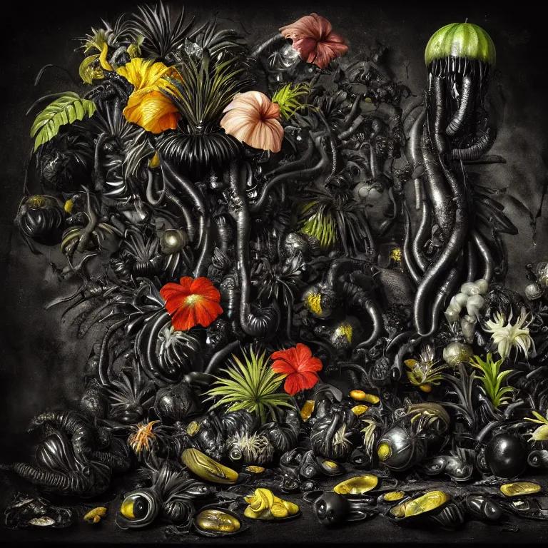 Prompt: still life of surreal alien black tropical flowers, rotten moldy black mold, dripping black paint, surreal alien ribbed black tropical fruit, black human spine, black background baroque painting, beautiful detailed intricate insanely detailed octane render, 8K artistic photography, photorealistic, chiaroscuro, Raphael, Caravaggio