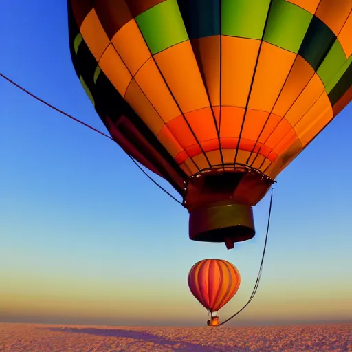 Image similar to a futuristic hot air balloon floats over a beach at violet and yellow sunset, whimsical and psychedelic art style