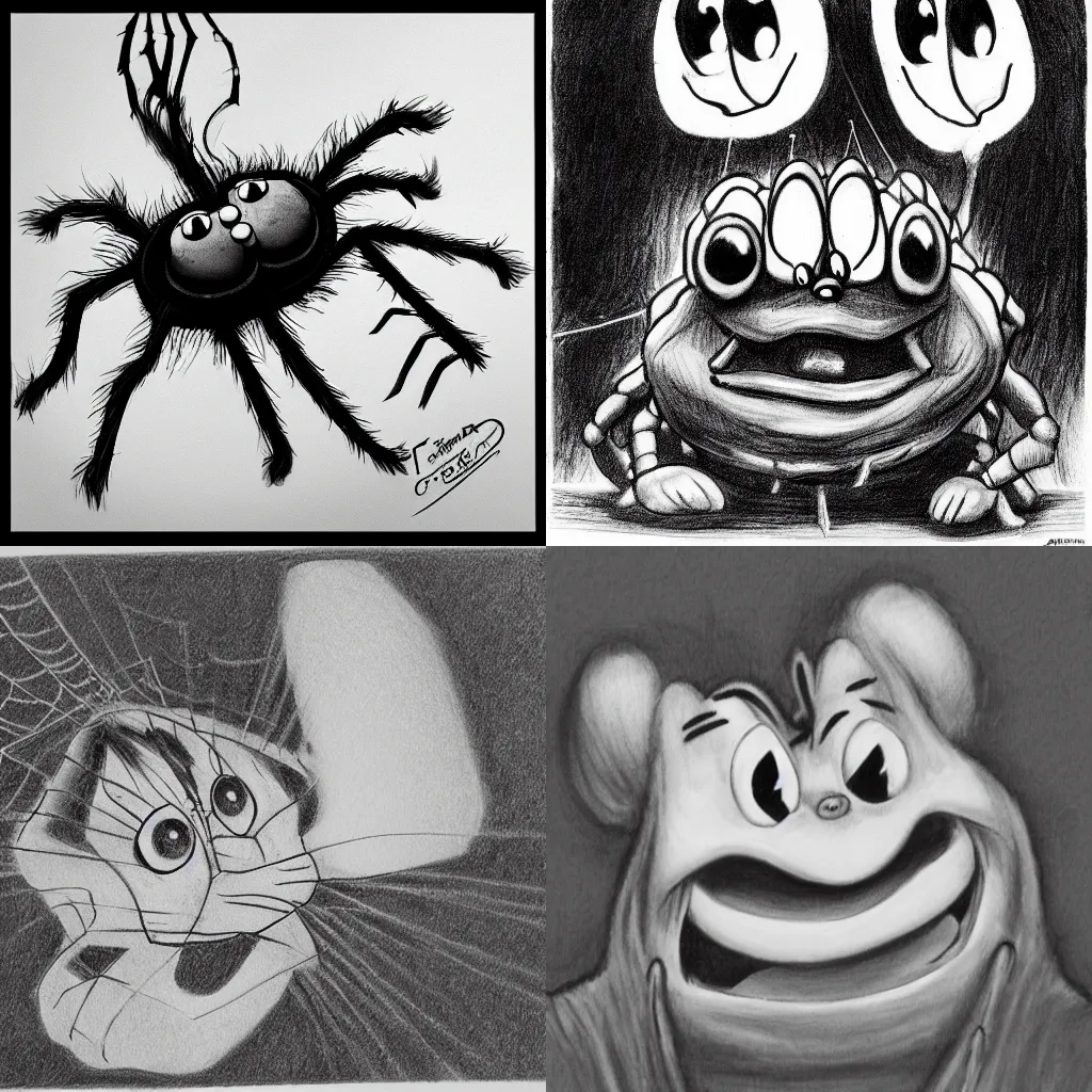 Prompt: terrifying b&w drawing of garfield as a spider