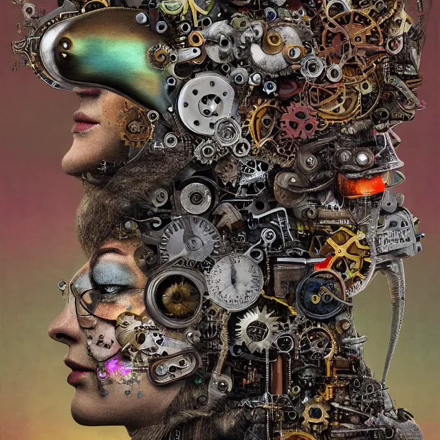 Image similar to profile portrait of a bird, computer parts, mechanical parts, by giuseppe arcimboldo, steampunk, cyberpunk, futuristic, psychedelic, surreal, sci - fi, vaporwave, alien, dreamlike.