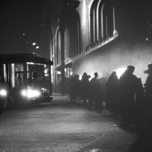 Image similar to some people waiting at bus stop in dark city night, detailed, high quality photography,a scene by Stanley kubrick, sci-fi, reimagined by industrial light and magic