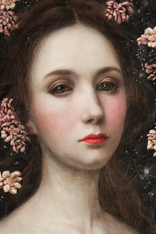 Prompt: hyperrealism close-up portrait of thousands black flowers merged with with medieval female, pale skin, wearing dark silk, in style of classicism