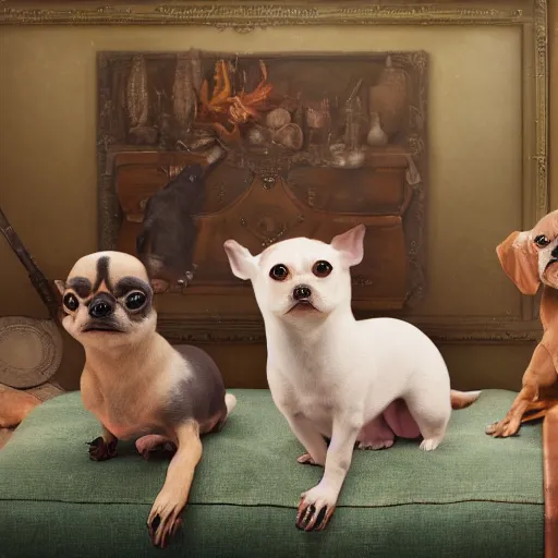 Prompt: closeup portrait of little dogs with rifles retro living room of dog family, depth of field, zeiss lens, detailed, centered, fashion photoshoot, by nicoletta ceccoli, mark ryden, lostfish, breathtaking, 8 k resolution, extremely detailed, beautiful, establishing shot, artistic, hyperrealistic, octane render,