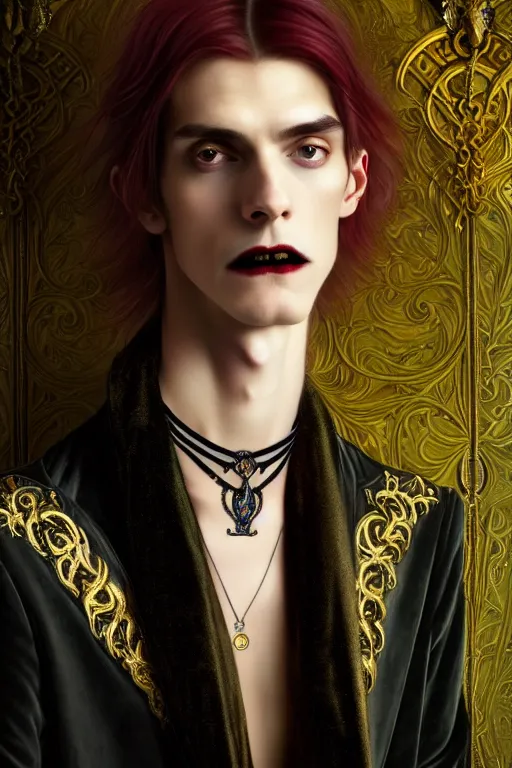 Image similar to a beautiful androgynous man, long hair, tall and thin, vampire, dressed in velvet, wearing several pendants and a choker, illustration, dramatic lighting, soft details, painting oil on canvas, art nouveau, octane render, hdr, 4 k, 8 k, hd, by edmund blair leighton, brom, charlie bowater, faces by otto schmidt