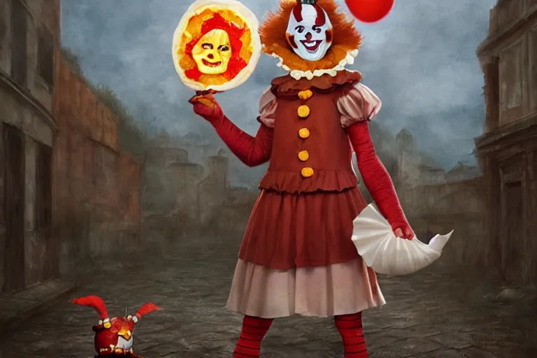 Prompt: pennywise as pulcinella! with a pizza! margherita! in front of vesuvius!, by esao andrews, by james jean, humorous illustration, hyperrealistic, big depth of field, warm colors, night scenery, low light, 3 d octane render, 4 k, conceptart, masterpiece, hyperrealistic, trending on artstation