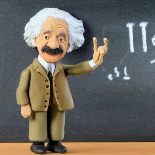 Prompt: claymation miniature scene of albert einstein pointing standing in front of miniature blackboard with lots of mathematical formulas chalked on, anatomically correct, hands retouched