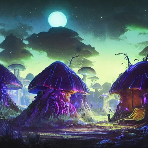 Prompt: concept art painting of a fantasy alien nighttime landscape of houses made of fungus, with glowing blue lights, glowing blue mushrooms, dark purple sky, realistic, detailed, cel shaded, in the style of makoto shinkai and greg rutkowski and albert bierstadt and james gurney