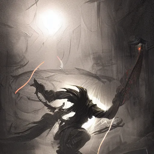 Image similar to a mad mage taking revenge on their foes, illuminated lines, concept art, ultra quality, digital painting, illustration, dramatic lighting, sharp focus