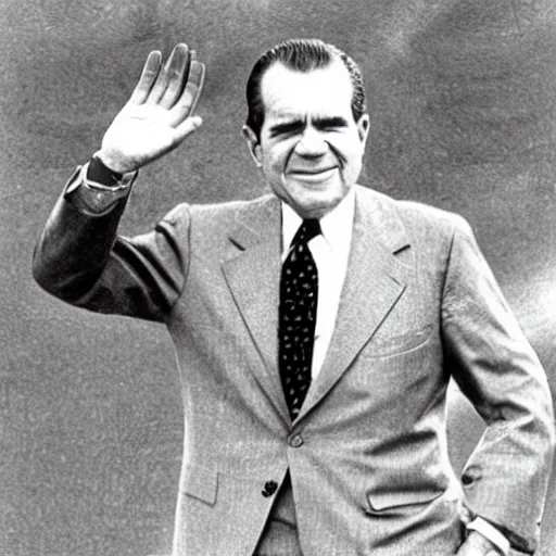 Prompt: Richard Nixon holding aloft a car tire, in the style of William Blake