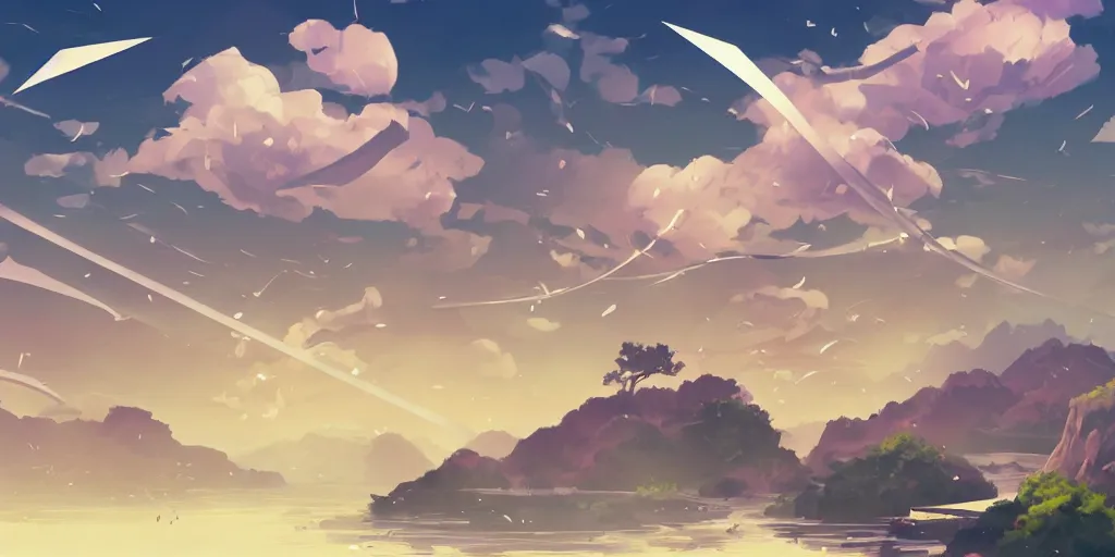 Image similar to background art of flying longswords flowing and floating through the slicing through directional wind on a simple cloudy sky background featuring a canyon bridge, big puffy clouds, large individual rose petals, angular background elements, polygonal fragments, anime, studio ghibli, artgerm, manga, trending on artstation, art nouveau, mature color scheme