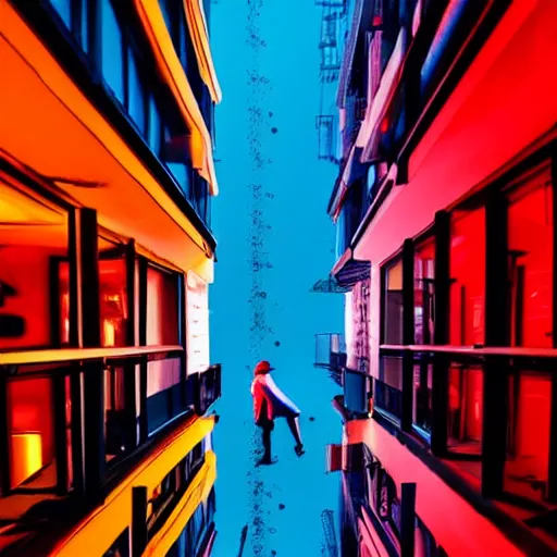 Prompt: rainy night in a neon red and neon blue city, silhouette of a man standing on a high balcony looking down, 4k, isometric