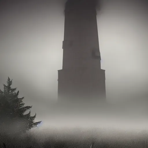 Prompt: huge titan in the fog destroys an old tower, atmospheric illustration, 4 k