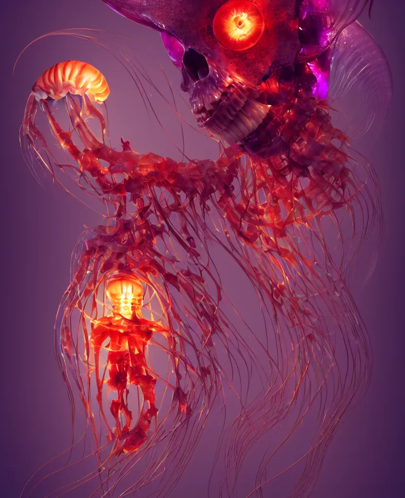 Image similar to human thorax, rib cage, ribs jellyfish phoenix head, nautilus, orchid, skull, betta fish, bioluminiscent creatures, intricate artwork by Tooth Wu and wlop and beeple. octane render, trending on artstation, greg rutkowski very coherent symmetrical artwork. cinematic, hyper realism, high detail, octane render, 8k