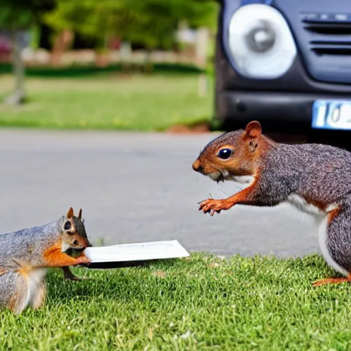 Image similar to a dog-cop ticketing a squirrel with a fine for speeding