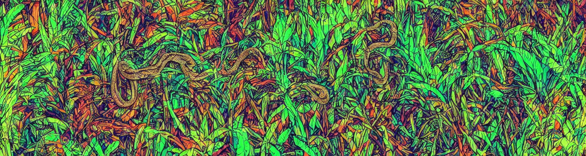 Image similar to a snake in the jungle seen through the psychedelics effects from ayahuasca