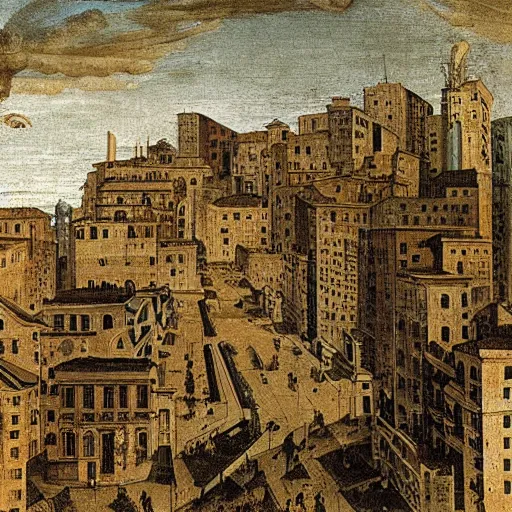 Prompt: print. a cityscape. the different colors and shapes represent different parts of the city. renaissance, dandelion by annibale carracci