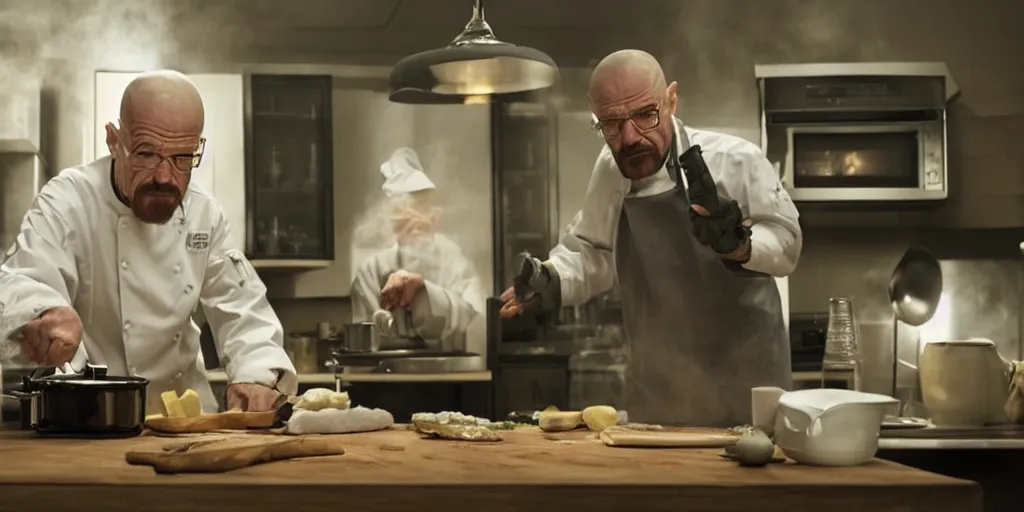 Image similar to Walter White Cooking In A Kitchen, 8k, Exquisite Detail, HD, Photorealistic, Cinematic Lighting