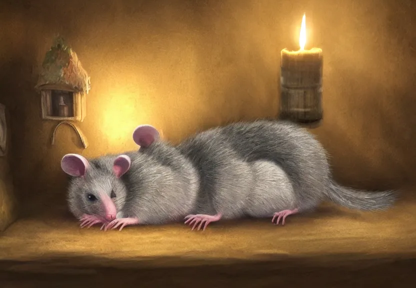 Image similar to cute possum sleeping on a bed in a medieval cluttered cottage at night under the dim light of a candle, dark fantasy, dreaming illusion, trending on artstation