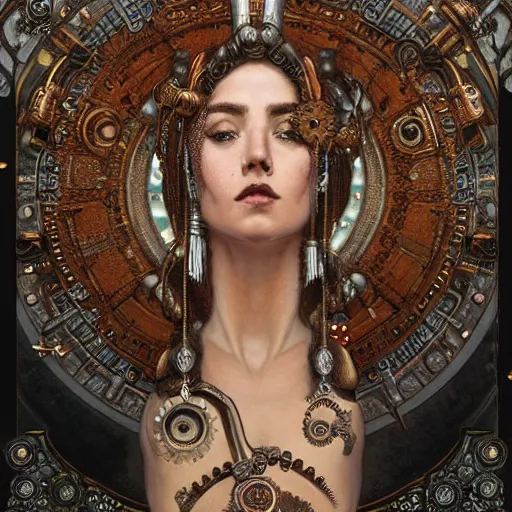 Prompt: A steampunk beautiful goddess, she is wavy, she is embellished with gears wheels and gemstones, by William Holman Hunt, Greg Rutkowski, Stanely Artgerm, Tooth Wu, Peter Gric, Aaron Horkey, trending on Artstation, digital art, mythological, symmetrical artwork, cinematic lighting, hyper realism, high detail, octane render, ultra realistic, golden ratio, 4k, 8k