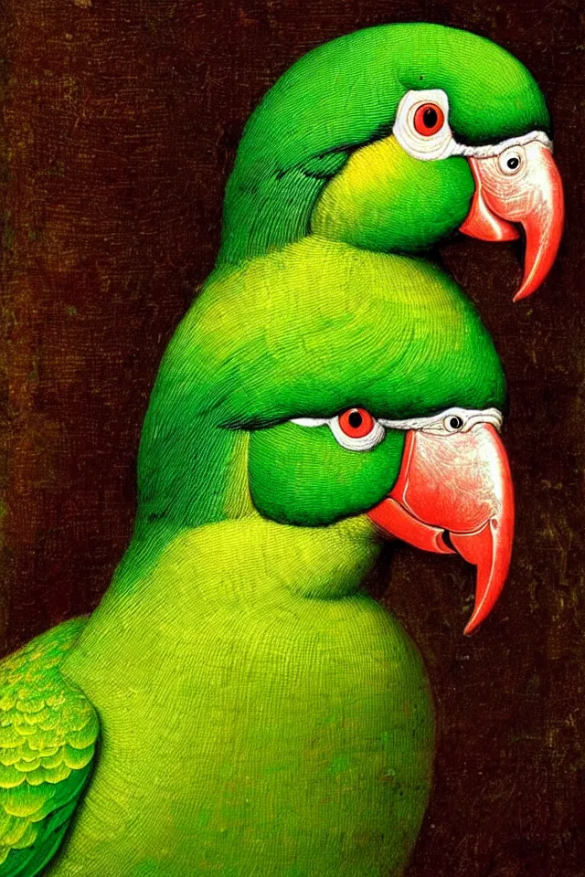 Image similar to a renaissance close up portrait of a green duck parrot as a ninja turtle, centered, triumphant, beautiful intricate painting