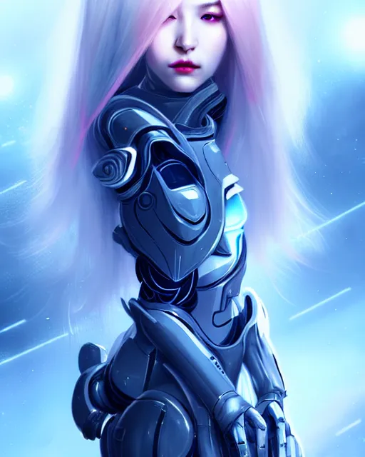 Image similar to perfect android girl family, full body character design, warframe armor, beautiful face, scifi, futuristic, galaxy, nebula, bae suzy, dreamy, long white hair!!!, blue eyes, bold fashion and strong silhouettes, cinematic lighting, highly detailed, artstation, divine, by huifeng huang, smooth gradient.